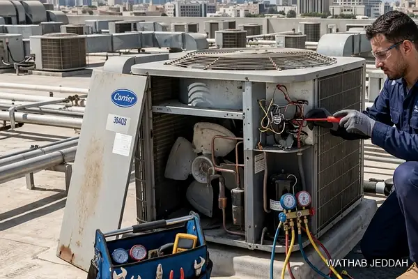 صورة مهنية توضح تنظيف مروحة المكيف جدة من وثاب التكييف
