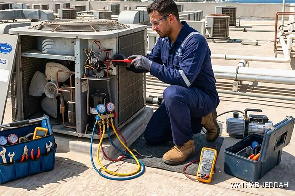 صورة مهنية توضح إصلاح كمبروسر مكيف جدة من وثاب التكييف