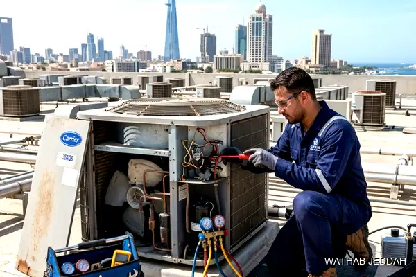 صورة مهنية توضح صيانة مكيفات حي العدل جدة من وثاب التكييف